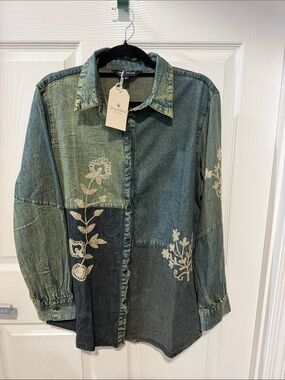 Young Threads Embroidered Patchwork Denim Shirt